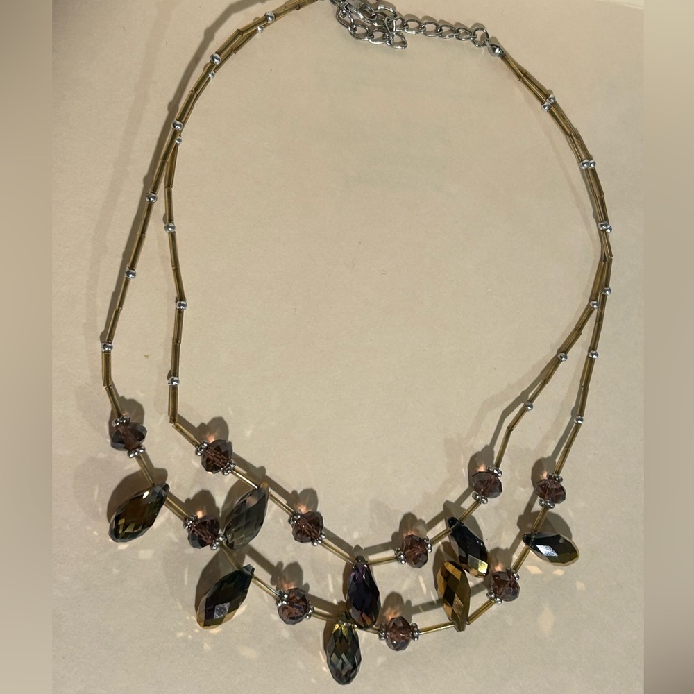 Gold and Purple Multi-Strand Necklace with Artistic Iridescent Beads